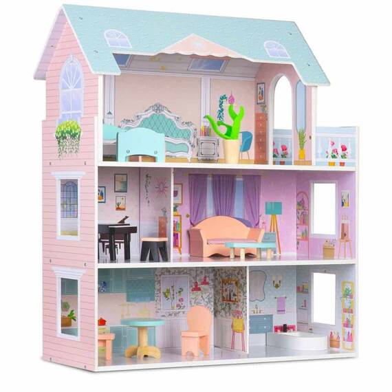 ​Casuta de papusi , din lemn si placa MDF, cu 3 etaje, 12 piese de mobilier, 5 camere si terasa, 70 x 60 x 24 cm, roz - 8- Roveli