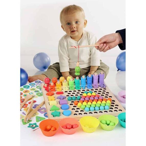 Set interactiv Montessori cu 5 activitati DacEnergy©, indemanare, asociere, sortare, memorie, logica, pescuit magnetic, cu cifre si forme geometrice, 30 x 30 x 7.5 cm, 180 piese, multicolor - 3- Roveli