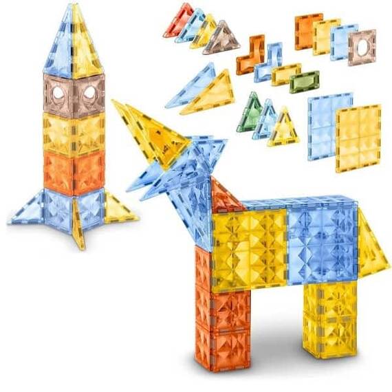 Set de construit cu piese magnetice, stimuleaza creativitatea si imaginatia, exerseaza coordonarea mana-ochi, blocuri colorate in forma de triunghi si patrate, multicolore, 78 de elemente - - Roveli
