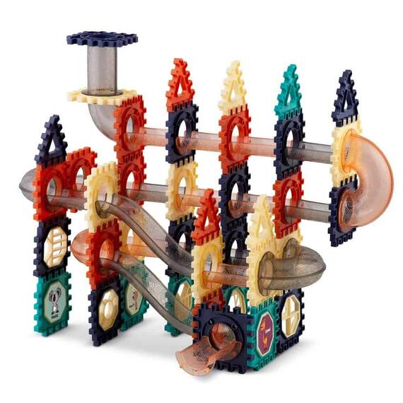 Set de construit cu piese magnetice , dezvoltarea abilitatilor motorice fine, exerseaza coordonarea mana-ochi, cu tobogan, blocuri de constructie, autocolante, bile, 110 de elemente - - Roveli