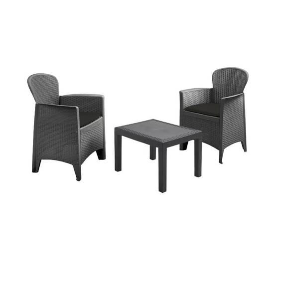 Set mobilier gradina DacEnergy©, realizat din polipropilena, masa si doua scaune, cu perne, 59 x 46 x 40 cm, negru - - Roveli