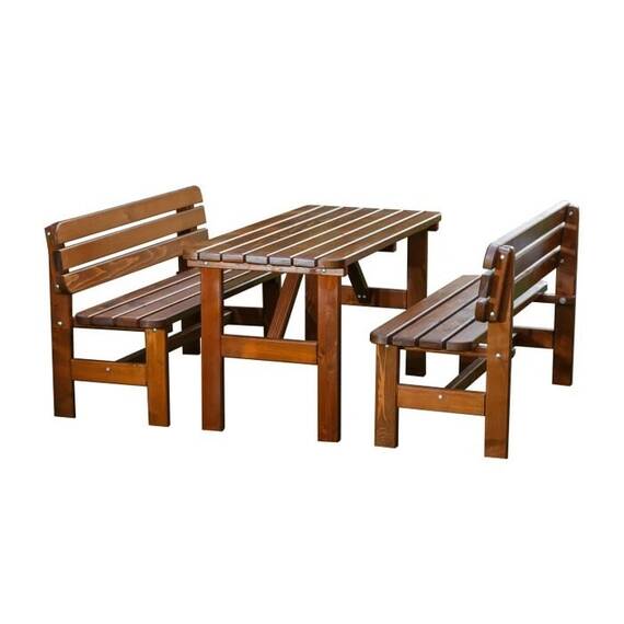 Set mobilier gradina DacEnergy©, o masa si 2 banci cu spatar, forma dreptunghiulara, din lemn de molid masiv, partial montat, 150 x 70 x 74 cm, maro inchis - - Roveli