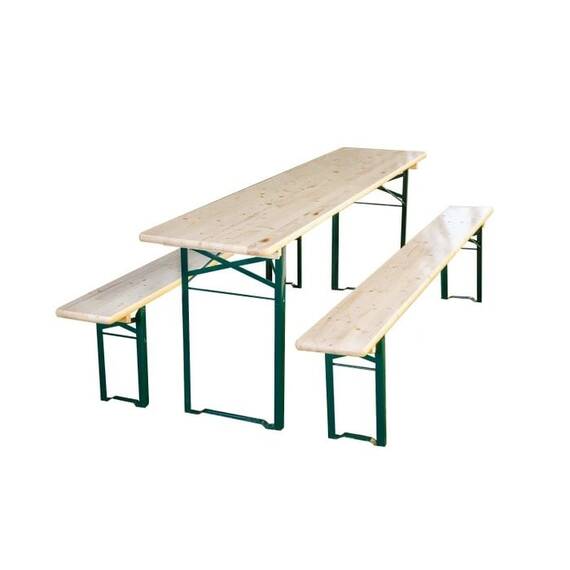 Set berarie DacEnergy©, masa dreptunghiulara si 2 banci, pliabil, usor de transportat si depozitat, din metal si lemn, 220 x 70 x 74 cm, natur - - Roveli