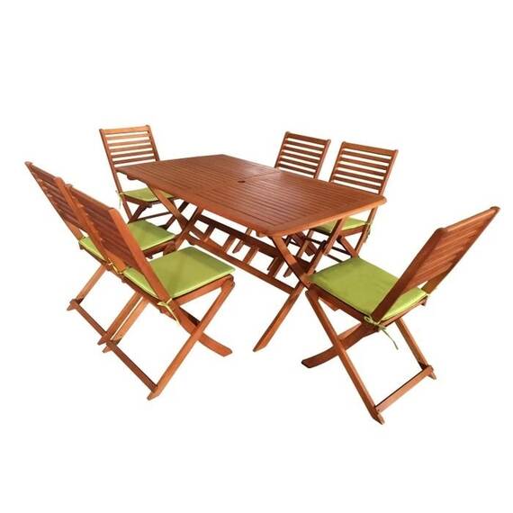 Set mobilier gradina DacEnergy©, din lemn de eucalipt, dreptunghiulara, cu perne, orificiu umbrela, 6 persoane, 150 x 90 x 74 cm, natur - - Roveli