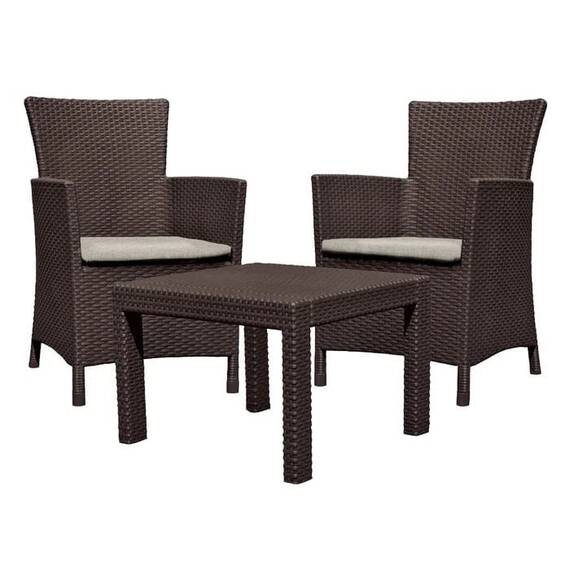Set mobilier gradina, din ratan sintetic, o masa si 2 fotolii cu perne, usor de ingrijit, rezistent la intemperii si razele solare, durata de viata indelungata, 59 x 59 x 43 cm, maro - - Roveli