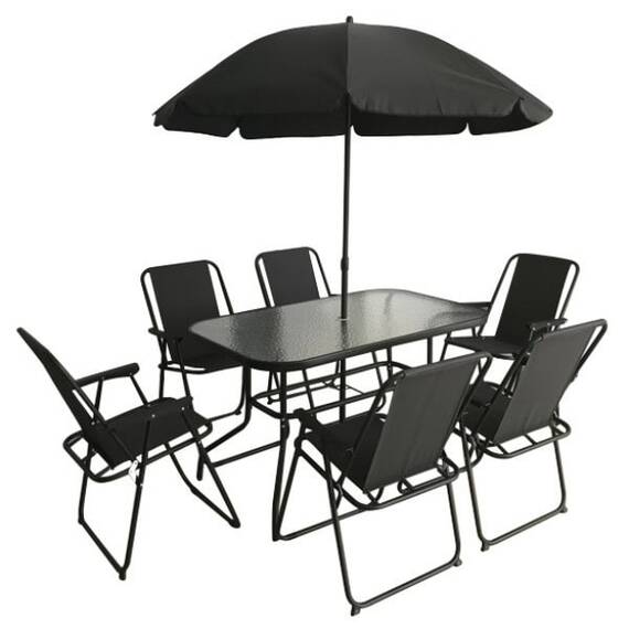 Set masa dreptunghiulara pentru gradina DacEnergy©, din metal cu material sintetic si sticla, 6 scaune, pliante, umbrela, 120 x 75 x 70 cm, gri - - Roveli
