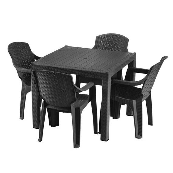 Set masa DacEnergy©, fabricat din polipropilena, cu model impletitura de ratan, forma patrata, cu 4 scaune, pentru interior/ exterior, 90 x 90 x 74.5 cm, gri - - Roveli