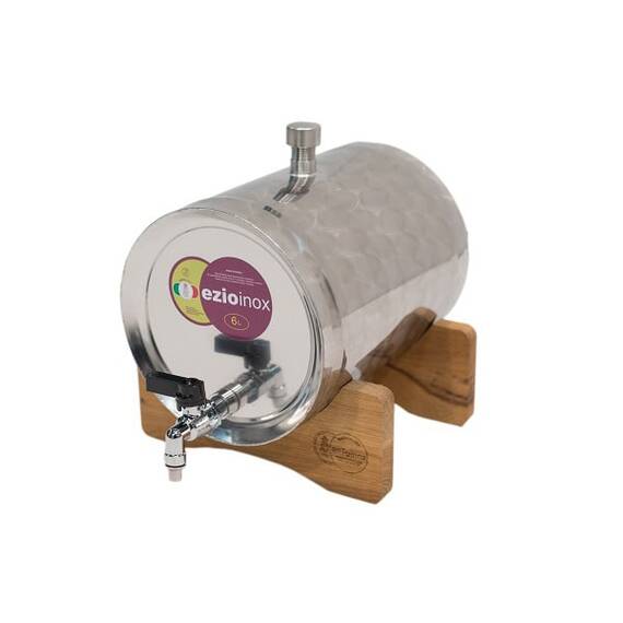 Butoi, confectionat din inox alimentar inoxidabil, forma cilindrica, robust, cu robinet si suport din lemn, 250 x 230 x 0.6 mm, 6 l - - Roveli