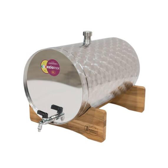 Butoi, confectionat din inox alimentar inoxidabil, forma cilindrica, robust, cu robinet si suport din lemn, 940 x 495 x 0.6 mm, 35 l - - Roveli