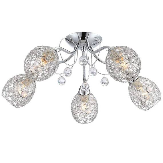 Lustra Globo,structura metalica, 5 brate cu abajururi din grilaj cromat, dulie E14, 40W, 540 x 220 mm, decorate cu sticla cu efect de cristal - - Roveli