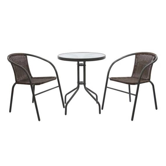 Set mobilier gradina DacEnergy©, realizat din metal si ratan sintetic, masa rotunda si doua scaune, 60 x 60 x 70 cm, culoare maro - - Roveli