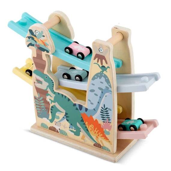 Circuit cu masini din lemn si rampa etajata, stimuleaza imaginatia si creativitatea, model cu dinozauri, Montessori, 30 x 24 x 9.5 cm, multicolor - - Roveli