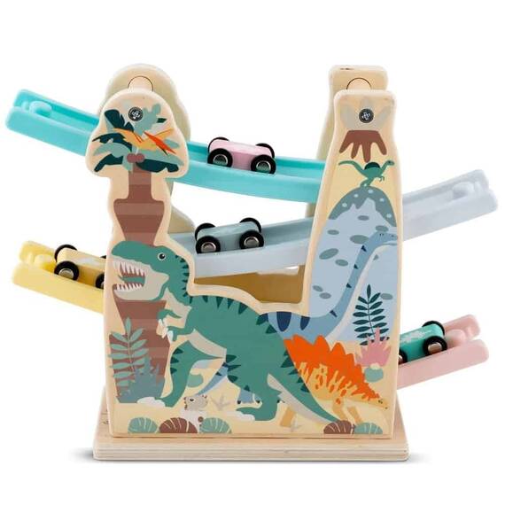 Circuit cu masini din lemn si rampa etajata, stimuleaza imaginatia si creativitatea, model cu dinozauri, Montessori, 30 x 24 x 9.5 cm, multicolor - 2- Roveli
