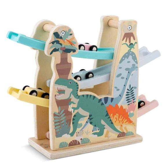 Circuit cu masini din lemn si rampa etajata, stimuleaza imaginatia si creativitatea, model cu dinozauri, Montessori, 30 x 24 x 9.5 cm, multicolor - 4- Roveli