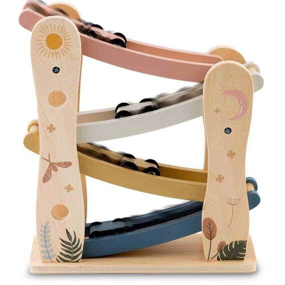 Circuit cu masini din lemn si rampa etajata, stimuleaza imaginatia si creativitatea, design ergonomic, Montessori, 30 x 25.5 x 9 cm - - Roveli