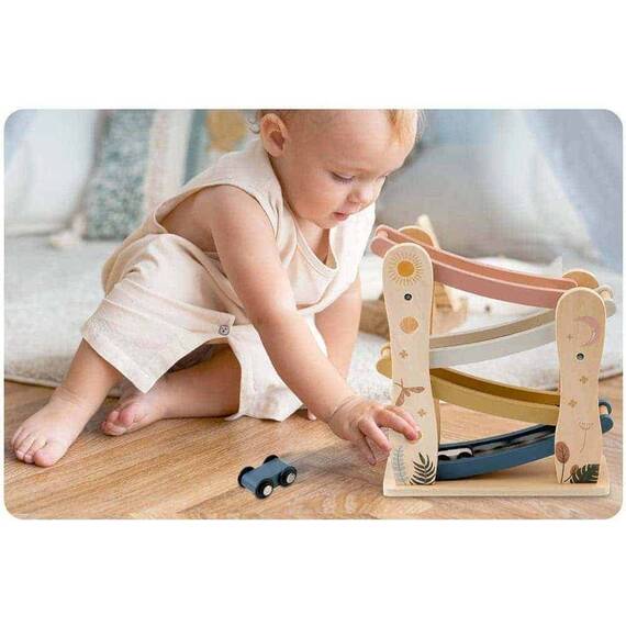 Circuit cu masini din lemn si rampa etajata, stimuleaza imaginatia si creativitatea, design ergonomic, Montessori, 30 x 25.5 x 9 cm - 5- Roveli