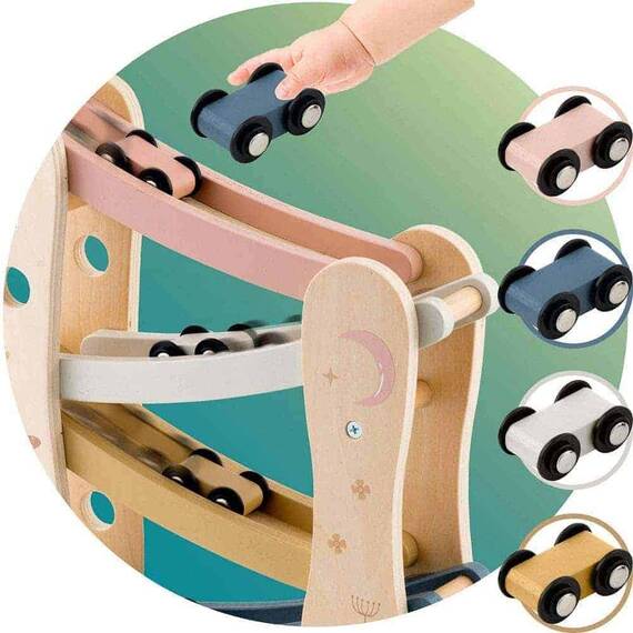 Circuit cu masini din lemn si rampa etajata, stimuleaza imaginatia si creativitatea, design ergonomic, Montessori, 30 x 25.5 x 9 cm - 7- Roveli
