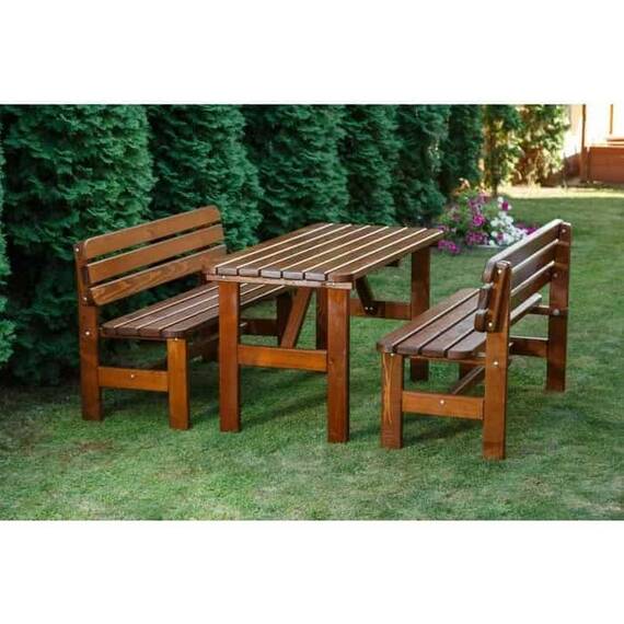 Set mobilier gradina DacEnergy©, o masa si 2 banci cu spatar, forma dreptunghiulara, din lemn de molid masiv, partial montat, 150 x 70 x 74 cm, maro inchis - 2- Roveli