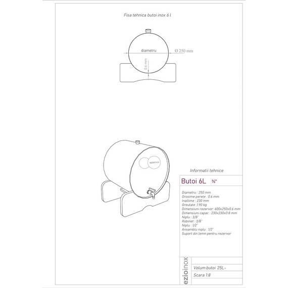 Butoi, confectionat din inox alimentar inoxidabil, forma cilindrica, robust, cu robinet si suport din lemn, 250 x 230 x 0.6 mm, 6 l - 2- Roveli