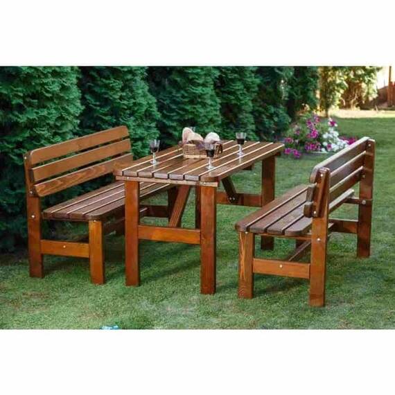 Set mobilier gradina DacEnergy©, o masa si 2 banci cu spatar, forma dreptunghiulara, din lemn de molid masiv, partial montat, 150 x 70 x 74 cm, maro inchis - 3- Roveli
