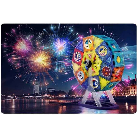 Set de construit cu piese magnetice , stimuleaza creativitatea si imaginatia, in forma de carusel, blocuri de constructie, autocolante, figurine si blocuri transparente, 71 de elemente - 4- Roveli