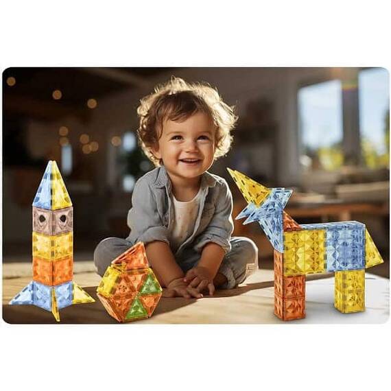 Set de construit cu piese magnetice, stimuleaza creativitatea si imaginatia, exerseaza coordonarea mana-ochi, blocuri colorate in forma de triunghi si patrate, multicolore, 78 de elemente - 4- Roveli