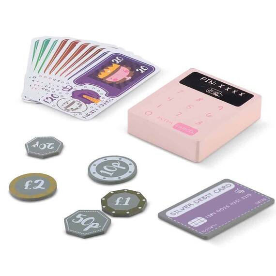 ​Set casa de marcat fetite , din lemn, numeroase monede si bancnote, carduri de plata, competente sociale, 18 x 18 x 16 cm, roz - 4- Roveli