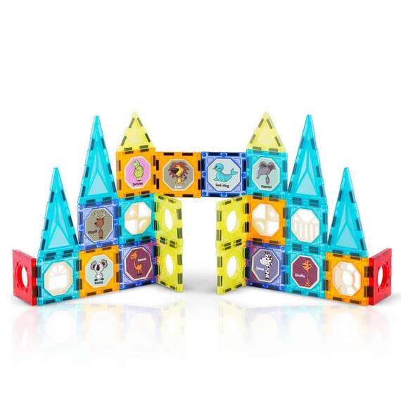 Set de construit cu piese magnetice , stimuleaza creativitatea si imaginatia, in forma de turn, blocuri de constructie, autocolante, figurine, numeroase posibilitati de amenajare, 98 de elemente - - Roveli