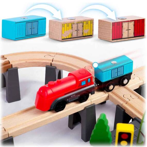 ​Set tren interactiv , realizat din lemn, cu locomotiva, vagon si alte vehicule, set de figuri umane si animale, 100 de piese, 118 x 59 x 17 cm, natur - 5- Roveli