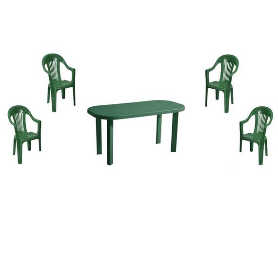Set mobilier gradina DacEnergy©, fabricat din polipropilena, masa ovala si patru scaune, rezistent la umiditate si UV, 140 x 70 x 70 cm, verde - - Roveli
