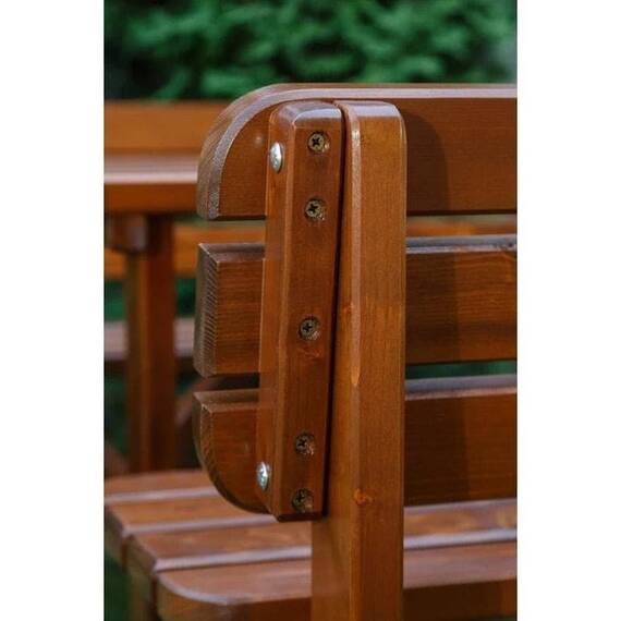Set mobilier gradina DacEnergy©, o masa si 2 banci cu spatar, forma dreptunghiulara, din lemn de molid masiv, partial montat, 150 x 70 x 74 cm, maro inchis - 6- Roveli