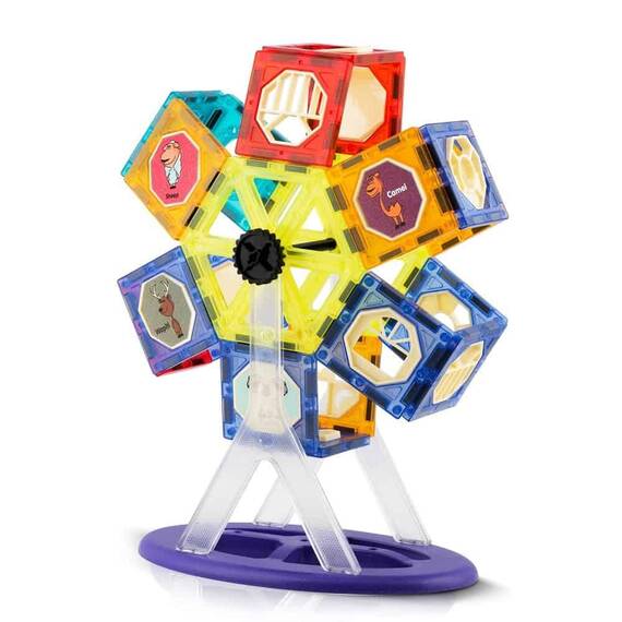 Set de construit cu piese magnetice , stimuleaza creativitatea si imaginatia, in forma de carusel, blocuri de constructie, autocolante, figurine si blocuri transparente, 71 de elemente - 7- Roveli