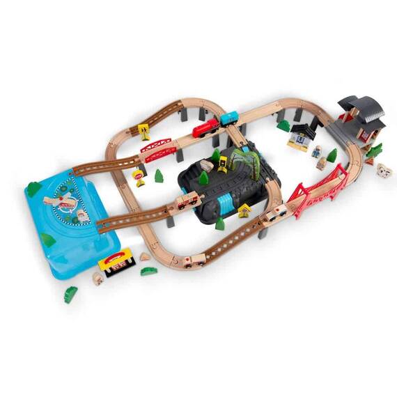 ​Set tren interactiv , realizat din lemn, cu locomotiva, vagon si alte vehicule, set de figuri umane si animale, 100 de piese, 118 x 59 x 17 cm, natur - 7- Roveli