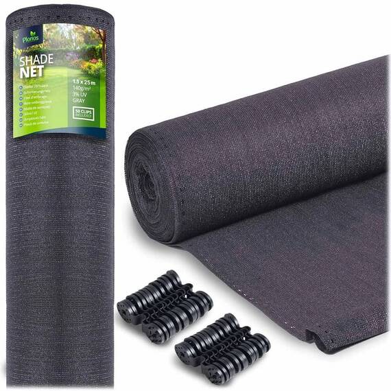 ​Plasa umbrire, material HDPE rezistent, 90% umbrire, gramaj 140 g/m², protectie UV, 50 de cleme de montare, 25 x 1.5 m, gri - - Roveli