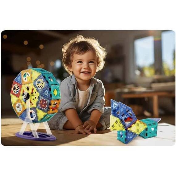 Set de construit cu piese magnetice , stimuleaza creativitatea si imaginatia, in forma de carusel, blocuri de constructie, autocolante, figurine si blocuri transparente, 71 de elemente - 8- Roveli