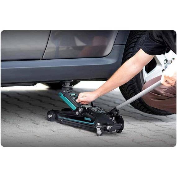 Cric auto hidraulic, realizat din otel si aluminiu, capacitate mare de ridicare de 2,5 tone, inaltimea de ridicare 80 - 360 mm, roti pivotante la 360° cu rulmenti, 53 x 20.5 x 8/36 cm, negru si verde - 2- Roveli