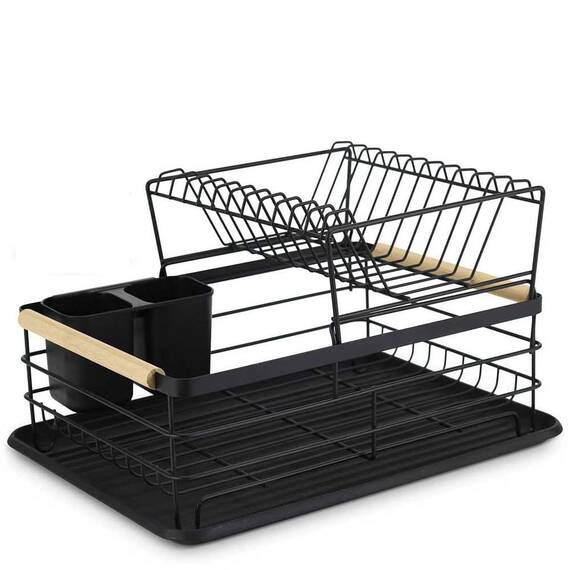 Uscator de vase DacEnergy©, doua niveluri, cu tava de uscare, solid si elegant, 43 x 32 x 27 cm, negru - - Roveli