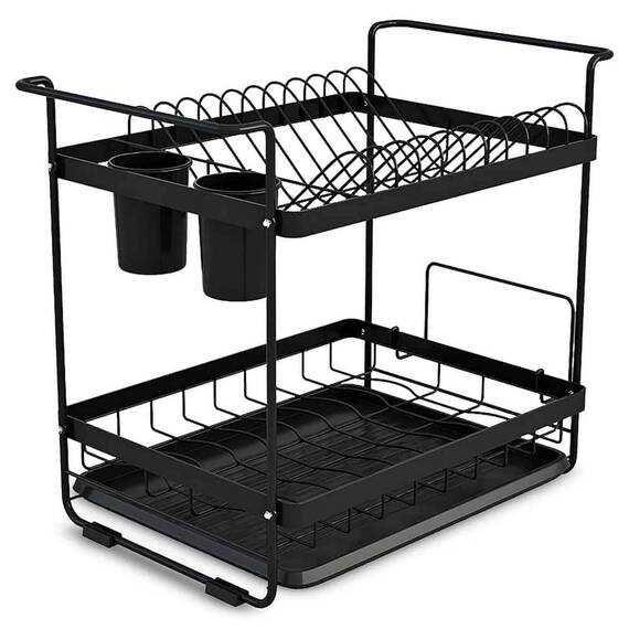Uscator de vase DacEnergy©, doua niveluri, cu tava de uscare, solid si elegant, scurgeri de tacamuri, 44 x 31 x 39 cm, negru - - Roveli