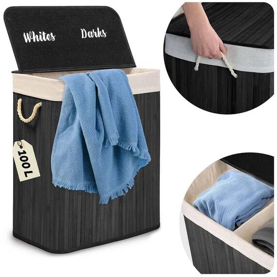 ​Cos de rufe DacEnergy©, din bambus si bumbac natural, constructie respirabila, manere functionale, cu capac, cu 2 compartimente, 100 l, 61 x 54 x 34 cm, negru - 2- Roveli