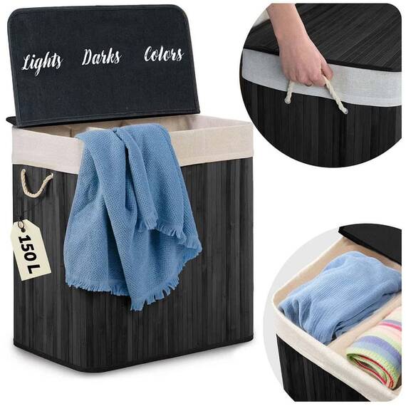 ​Cos de rufe DacEnergy©, din bambus si bumbac natural, constructie respirabila, manere functionale, cu capac, 3 compartimente, 150 l, 61 x 62 x 42 cm, negru - 2- Roveli