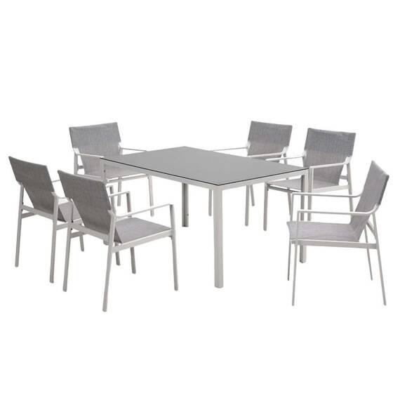 ​Set mobilier gradina DacEnergy©, realizat din metal, masa dreptunghiulara cu blat din sticla, 150 x 90 x 74 cm, 6 scaune, interior / exterior, alb si gri - - Roveli