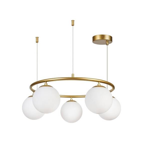 ​Lustra, structura metalica, forma de inel, cu cinci globuri luminoase din sticla opal, soclu E27, 650 x 650 x 1000 mm, IP20, auriu si alb - - Roveli