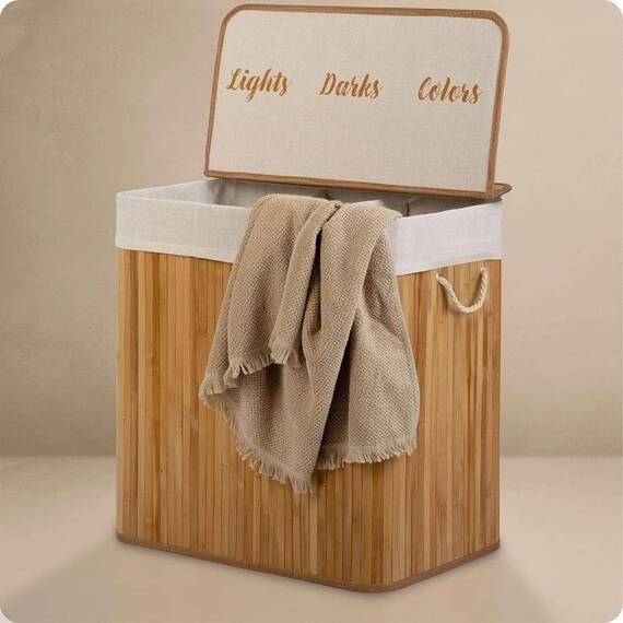 ​Cos de rufe DacEnergy©, din bambus si bumbac natural, constructie respirabila, manere functionale, cu capac,3 compartimente, 150 l, 61 x 62 x 42 cm, natural - 3- Roveli