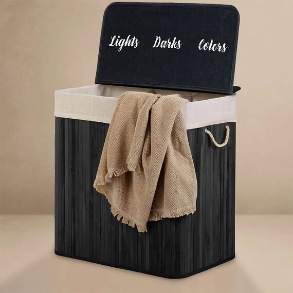 ​Cos de rufe DacEnergy©, din bambus si bumbac natural, constructie respirabila, manere functionale, cu capac, 3 compartimente, 150 l, 61 x 62 x 42 cm, negru - 3- Roveli