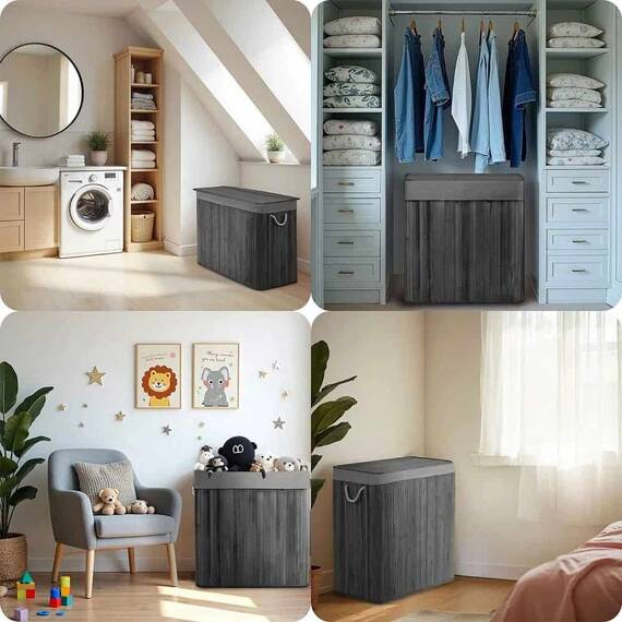 ​Cos de rufe DacEnergy©, din bambus si bumbac natural, constructie respirabila, manere functionale, cu capac, 3 compartimente, 150 l, 61 x 62 x 42 cm, gri - 3- Roveli