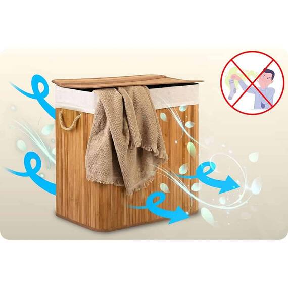 ​Cos de rufe DacEnergy©, din bambus si bumbac natural, constructie respirabila, manere functionale, cu capac,3 compartimente, 150 l, 61 x 62 x 42 cm, natural - 4- Roveli