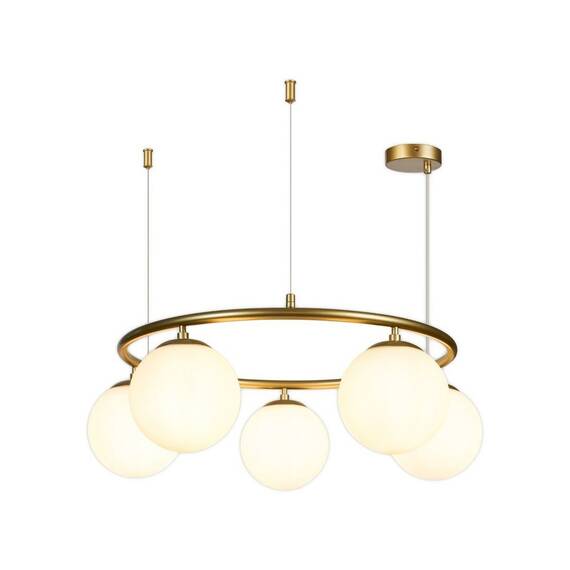 ​Lustra, structura metalica, forma de inel, cu cinci globuri luminoase din sticla opal, soclu E27, 650 x 650 x 1000 mm, IP20, auriu si alb - 3- Roveli