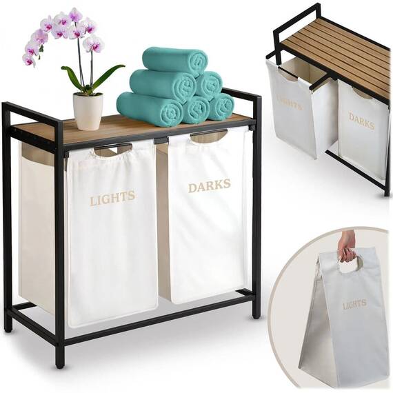 ​Cos de rufe DacEnergy©, raft din lemn, cadru din otel, material textil, 2 compartimente pentru sortarea, 74 x 72 x 33 cm, alb - 3- Roveli