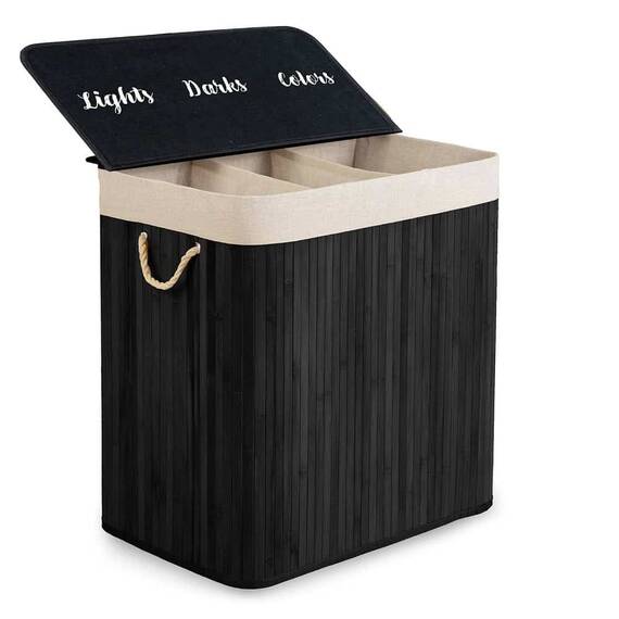 ​Cos de rufe DacEnergy©, din bambus si bumbac natural, constructie respirabila, manere functionale, cu capac, 3 compartimente, 150 l, 61 x 62 x 42 cm, negru - - Roveli