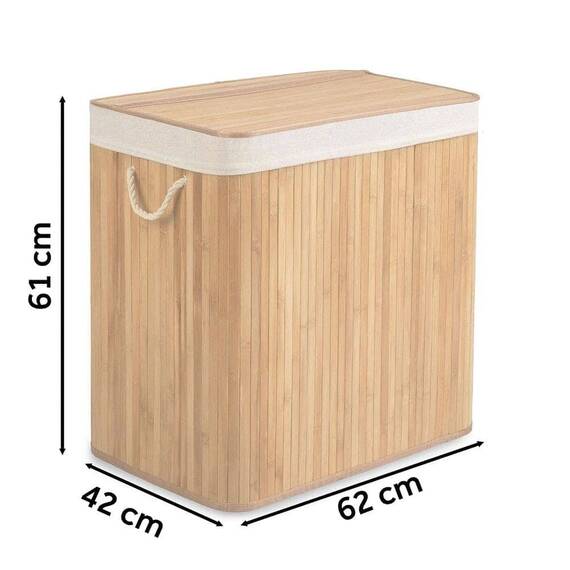 ​Cos de rufe DacEnergy©, din bambus si bumbac natural, constructie respirabila, manere functionale, cu capac,3 compartimente, 150 l, 61 x 62 x 42 cm, natural - 5- Roveli